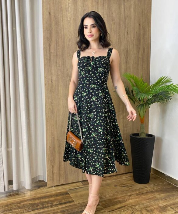 Vestido Midi Louise sem Bojo com Amarração Atrás Preto Estampado - Fernanda Ramos Store