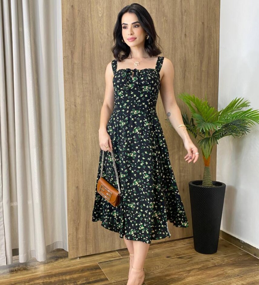 Vestido Midi Louise sem Bojo com Amarração Atrás Preto Estampado - Fernanda Ramos Store