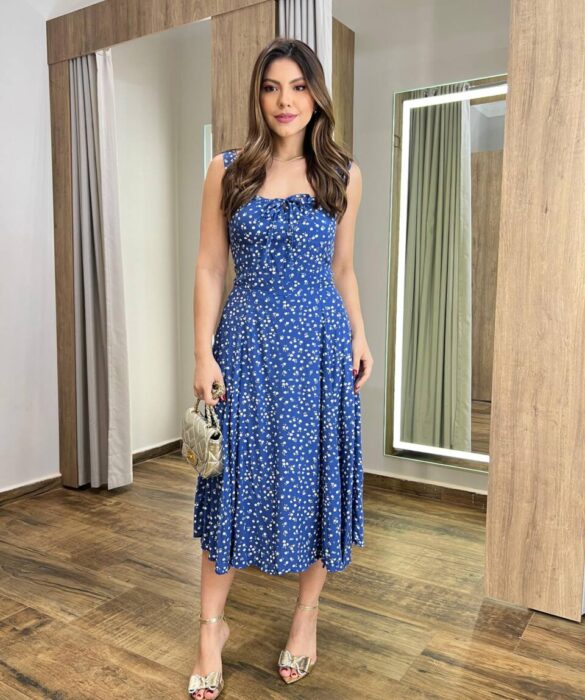 Vestido Midi Louise sem Bojo com Amarração Atrás Estampado Azul - Fernanda Ramos Store