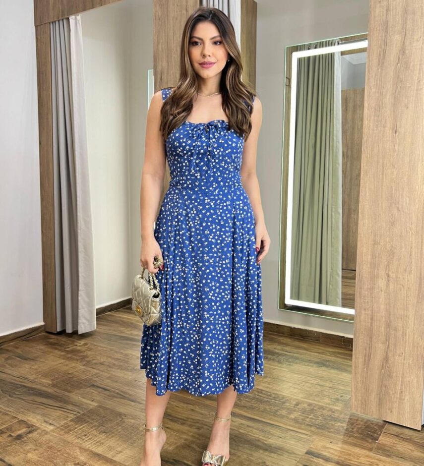 Vestido Midi Louise sem Bojo com Amarração Atrás Estampado Azul - Fernanda Ramos Store