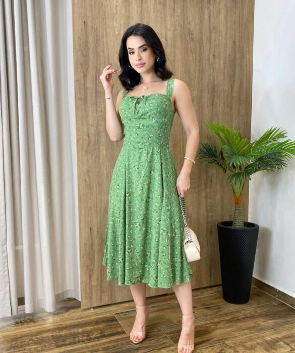 Vestido Midi Louise sem Bojo com Amarração Atrás Estampado Verde - Fernanda Ramos Store