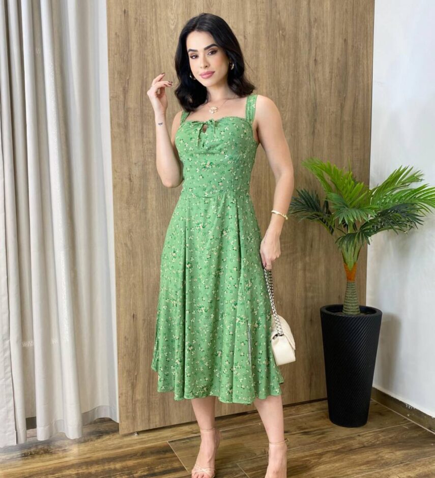 Vestido Midi Louise sem Bojo com Amarração Atrás Estampado Verde - Fernanda Ramos Store