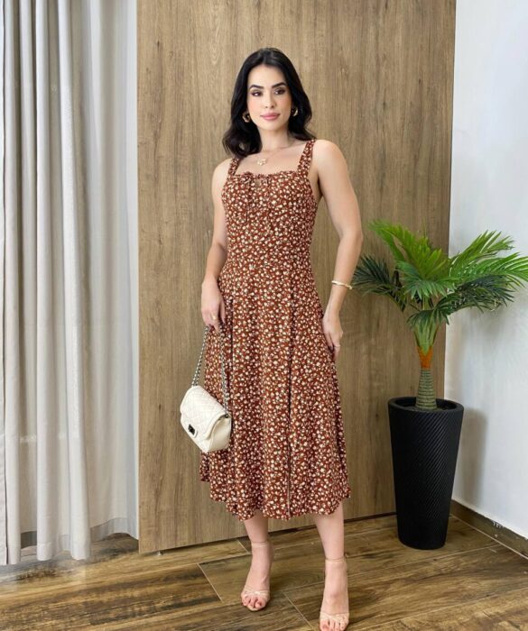 Vestido Midi Louise sem Bojo com Amarração Atrás Marrom Estampado - Fernanda Ramos Store