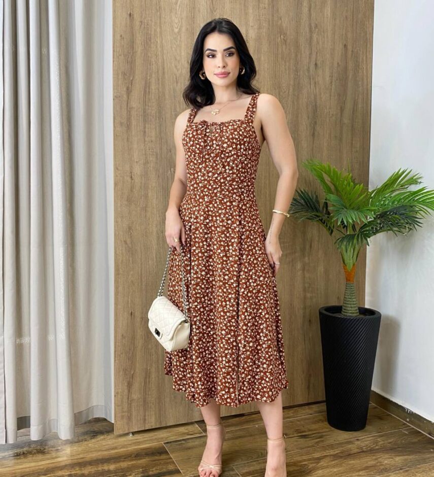 Vestido Midi Louise sem Bojo com Amarração Atrás Marrom Estampado - Fernanda Ramos Store
