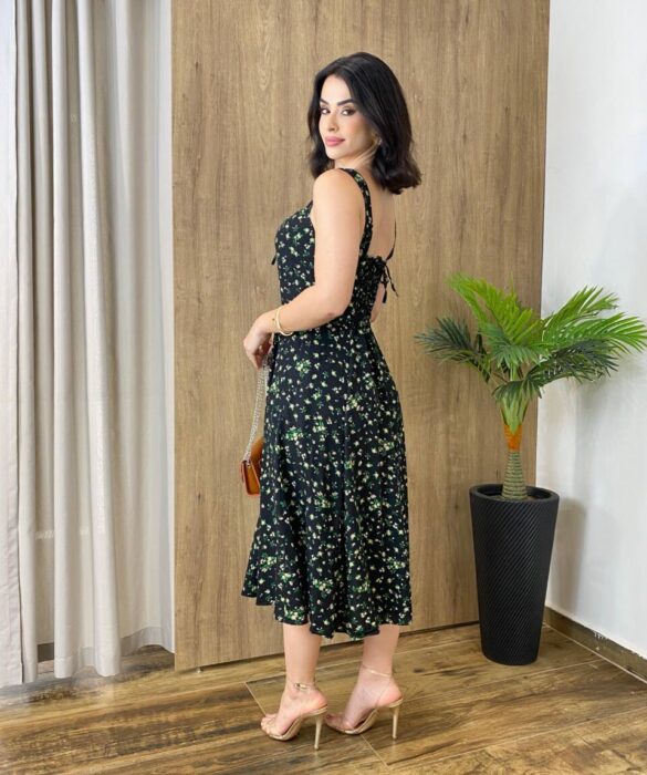 Vestido Midi Louise sem Bojo com Amarração Atrás Preto Estampado - Fernanda Ramos Store