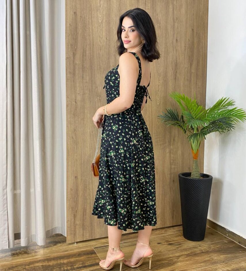 Vestido Midi Louise sem Bojo com Amarração Atrás Preto Estampado - Fernanda Ramos Store