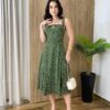 Vestido Midi Louise sem Bojo com Amarração Atrás Verde Estampado - Fernanda Ramos Store