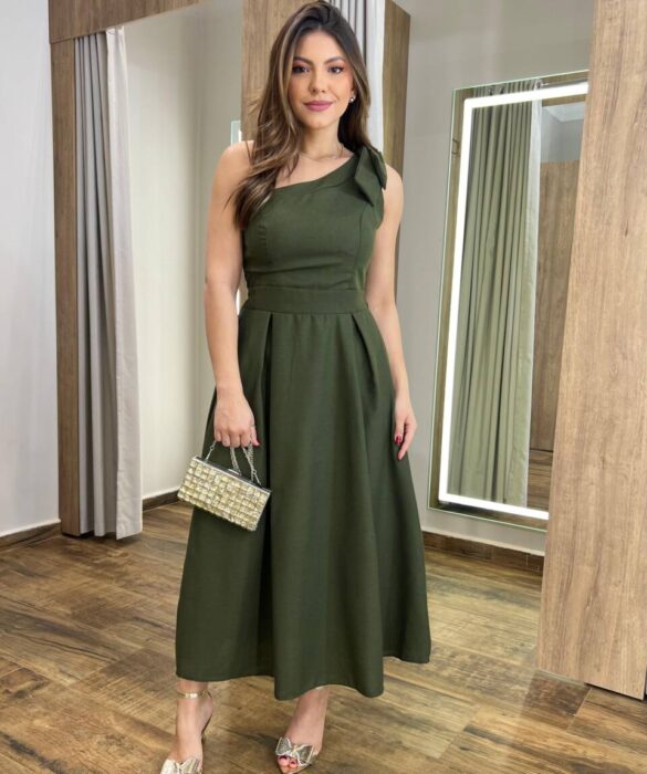 Vestido Midi Nula Manga Jade com Bojo e Lastex Verde Militar - Fernanda Ramos Store