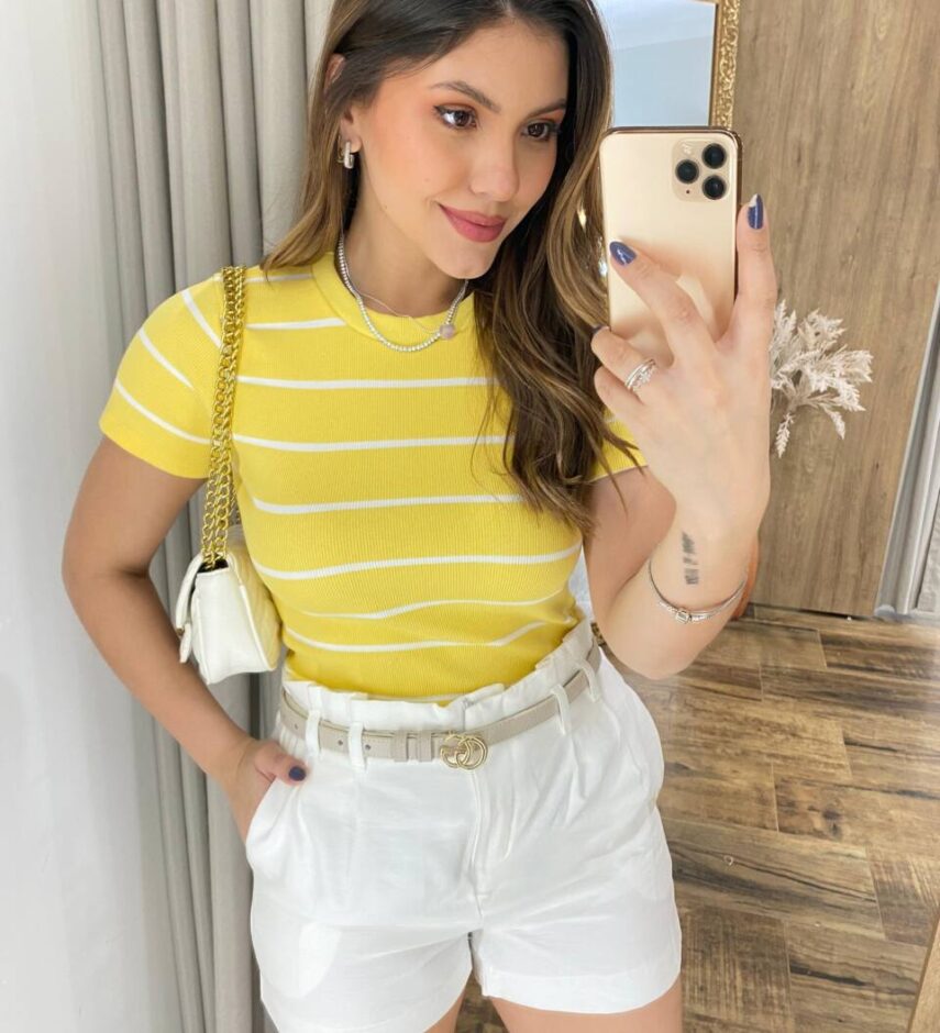 Blusa Feminina Manga Curta Canelada Lara Amarela Listrada - Fernanda Ramos Store