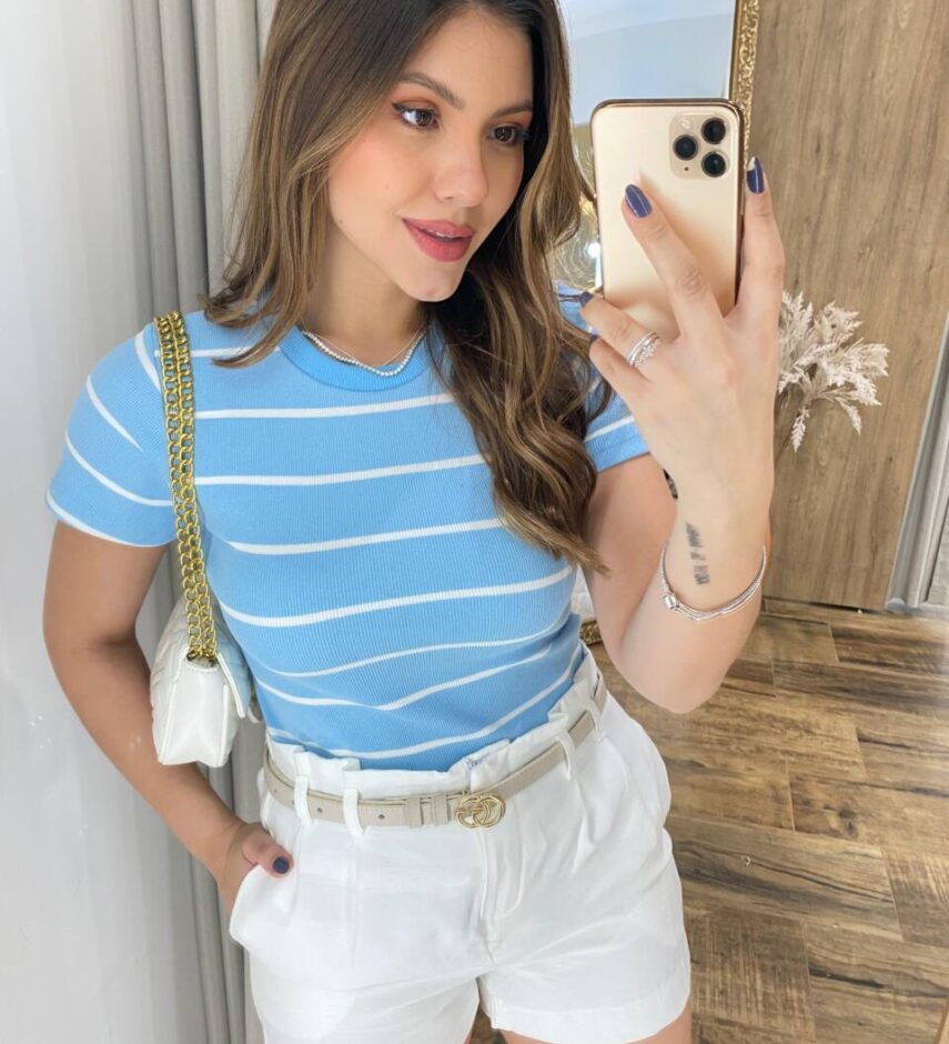 Blusa Feminina Manga Curta Canelada Lara Azul Listrada - Fernanda Ramos Store