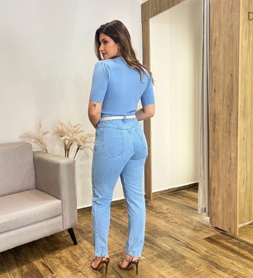 Blusa Feminina Manga Curta Mia Modal com Textura Azul - Fernanda Ramos Store