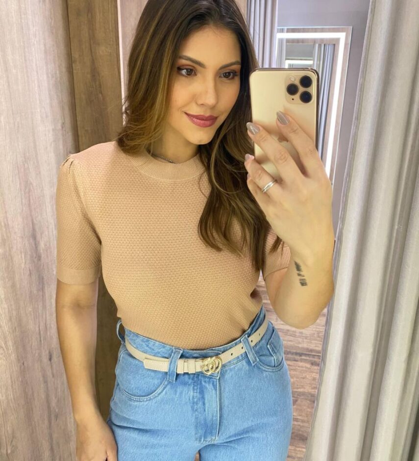 Blusa Feminina Manga Curta Mia Modal com Textura Bege - Fernanda Ramos Store