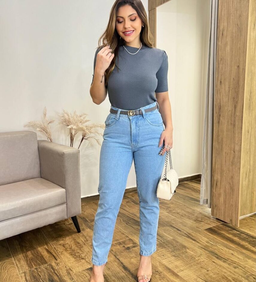 Blusa Feminina Manga Curta Mia Modal com Textura Cinza - Fernanda Ramos Store