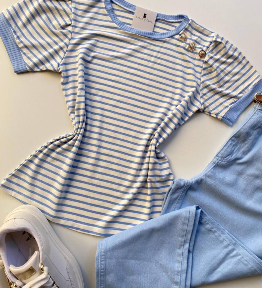 Blusa Feminina Manga Curta Off White com Listras Azul e Botões - Fernanda Ramos Store