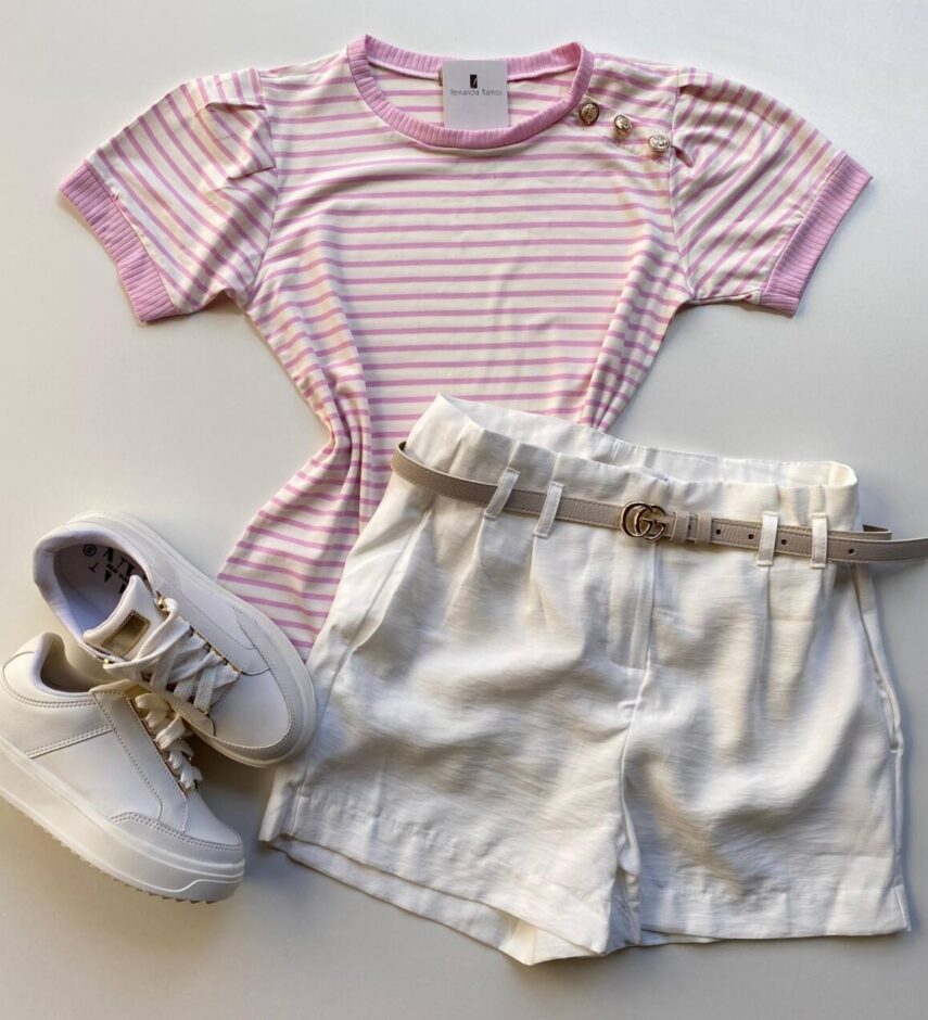 Blusa Feminina Manga Curta Off White com Listras Rosa e Botões - Fernanda Ramos Store