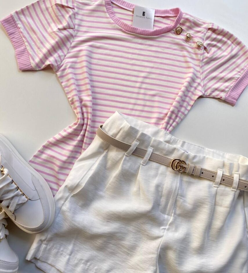 Blusa Feminina Manga Curta Off White com Listras Rosa e Botões - Fernanda Ramos Store