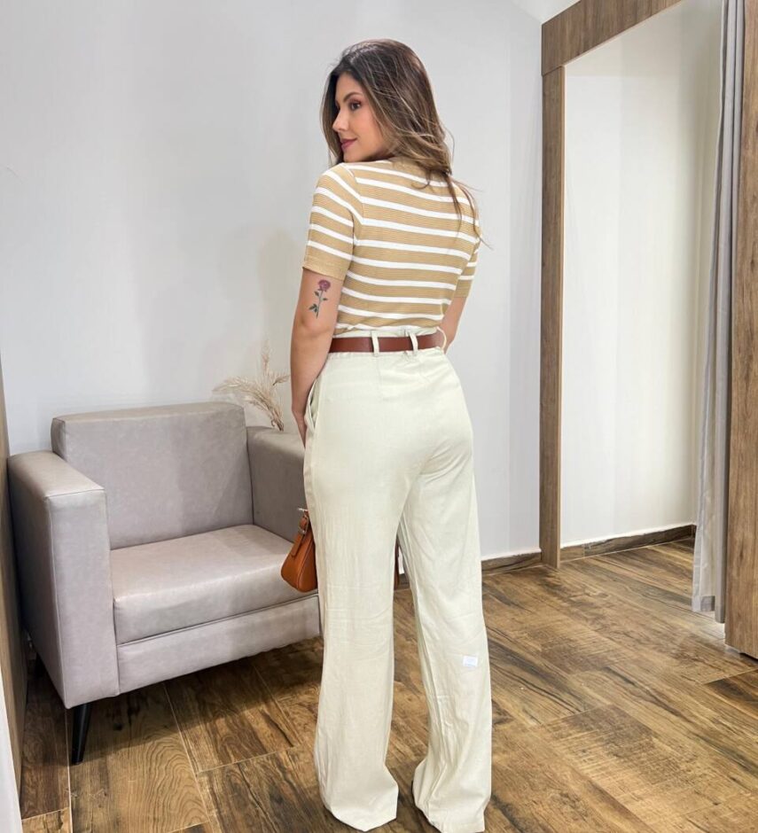 Blusa Feminina Tricot Hellen Manga Curta com Listras - Fernanda Ramos Store