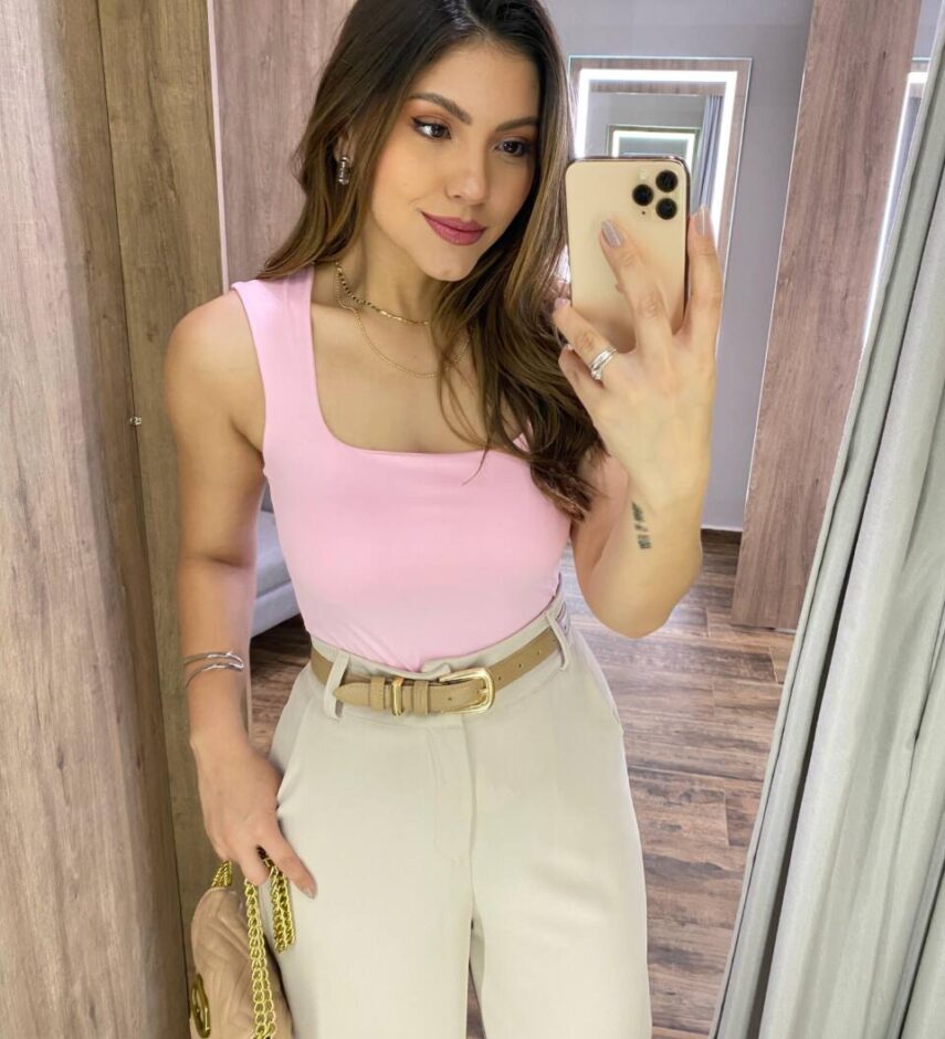 Body Feminino Lara sem Bojo Recorte em U com Fecho Rosa - Fernanda Ramos Store