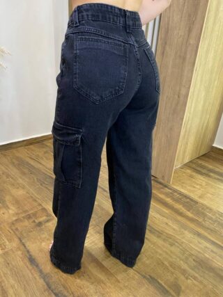 Calça Feminina Debora Wide leg Jeans Cargo Preta - Fernanda Ramos Store