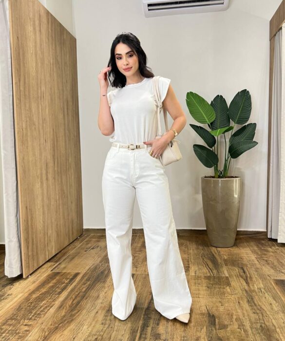 Calça Jeans Feminina Isa Wide Leg Off White - Fernanda Ramos Store