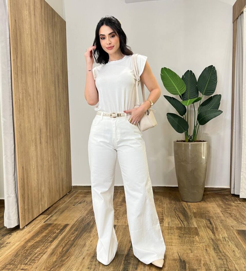 Calça Jeans Feminina Isa Wide Leg Off White - Fernanda Ramos Store