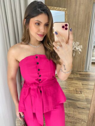 Conjunto Ana Blusa Tomara que Caia com Bojo e Amarração e Calça Pink - Fernanda Ramos Store