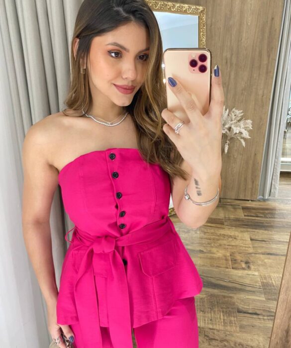 Conjunto Ana Blusa Tomara que Caia com Bojo e Amarração e Calça Pink - Fernanda Ramos Store