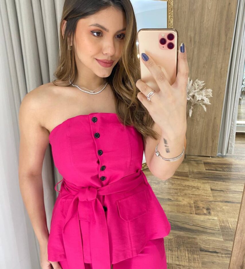 Conjunto Ana Blusa Tomara que Caia com Bojo e Amarração e Calça Pink - Fernanda Ramos Store