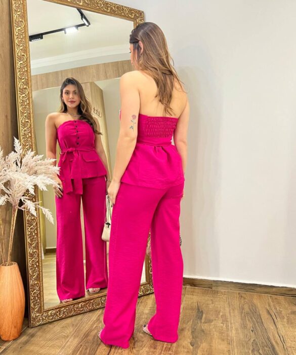 Conjunto Ana Blusa Tomara que Caia com Bojo e Amarração e Calça Pink - Fernanda Ramos Store