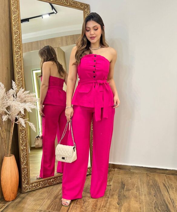 Conjunto Ana Blusa Tomara que Caia com Bojo e Amarração e Calça Pink - Fernanda Ramos Store