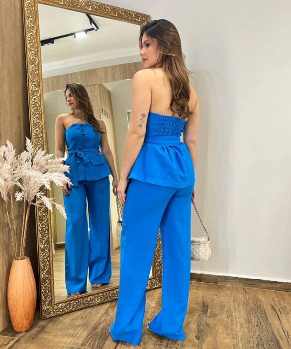 Conjunto Ana Blusa Tomara que Caia com Bojo e Amarração e Calça Azul - Fernanda Ramos Store