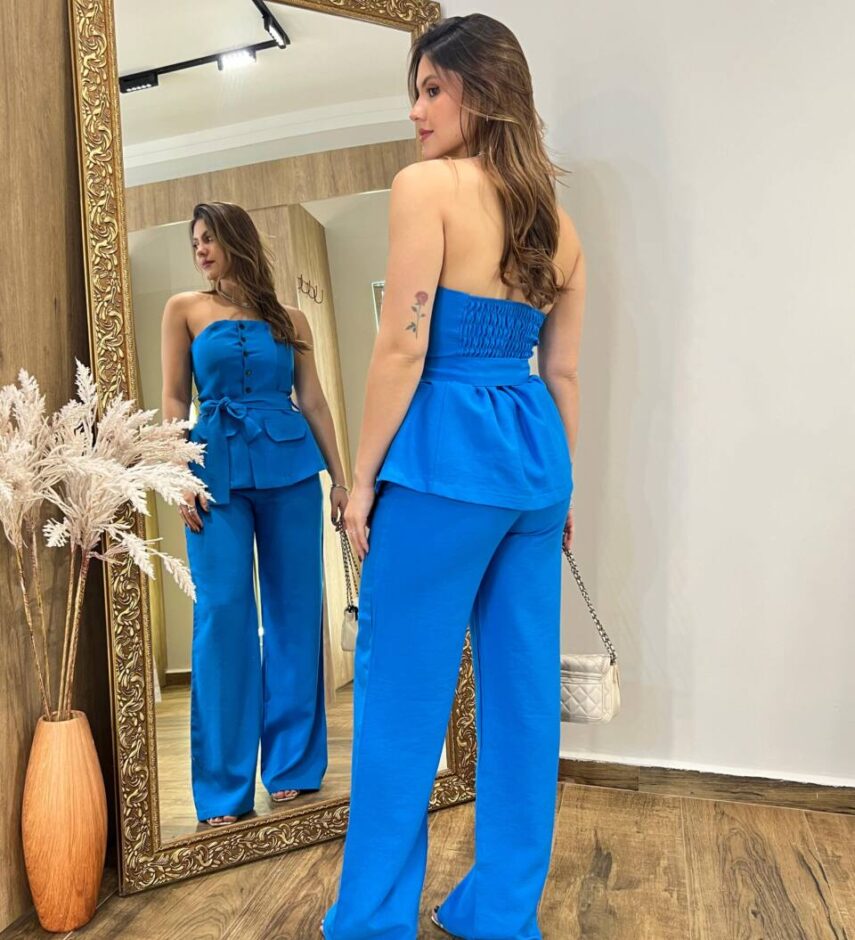 Conjunto Ana Blusa Tomara que Caia com Bojo e Amarração e Calça Azul - Fernanda Ramos Store
