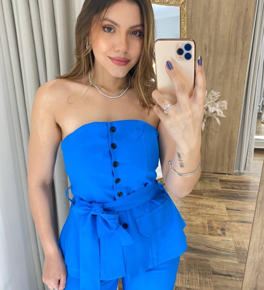 Conjunto Ana Blusa Tomara que Caia com Bojo e Amarração e Calça Azul - Fernanda Ramos Store