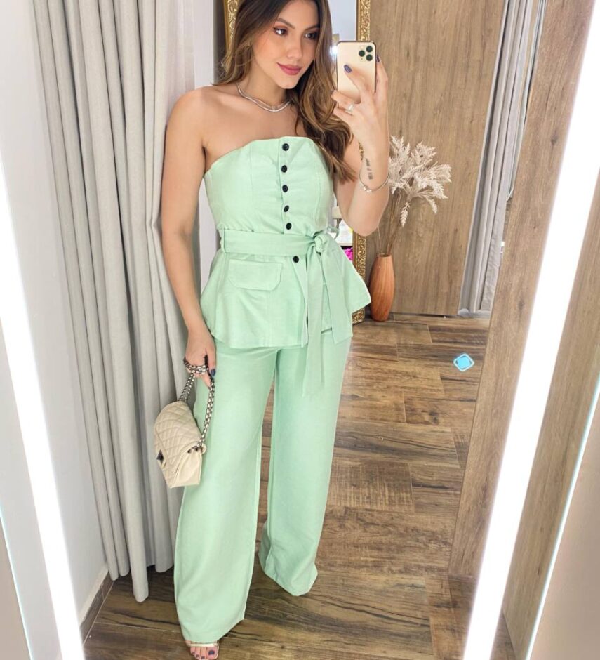Conjunto Ana Blusa Tomara que Caia com Bojo e Amarração e Calça Verde - Fernanda Ramos Store
