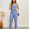 Conjunto Bella Cropped sem Bojo Alça Regulável Calça com Cinto Azul - Fernanda Ramos Store