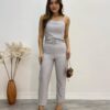 Conjunto Bella Cropped sem Bojo Alça Regulável Calça com Cinto Cinza - Fernanda Ramos Store