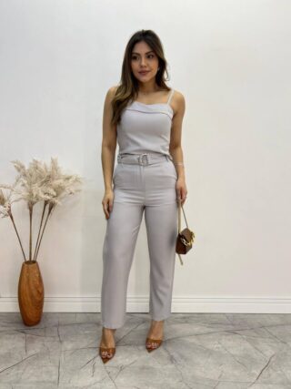 Conjunto Bella Cropped sem Bojo Alça Regulável Calça com Cinto Cinza - Fernanda Ramos Store