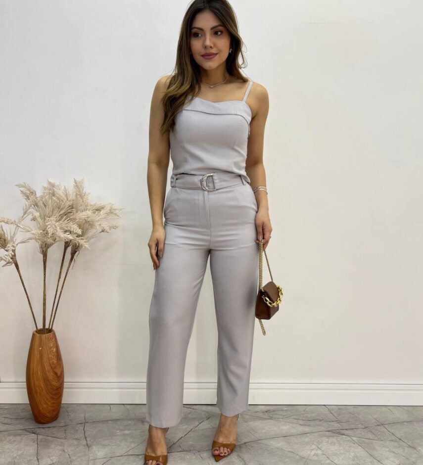 Conjunto Bella Cropped sem Bojo Alça Regulável Calça com Cinto Cinza - Fernanda Ramos Store