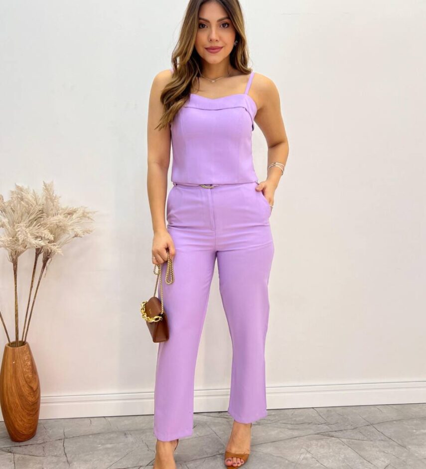 Conjunto Bella Cropped sem Bojo Alça Regulável Calça com Cinto Lilás - Fernanda Ramos Store