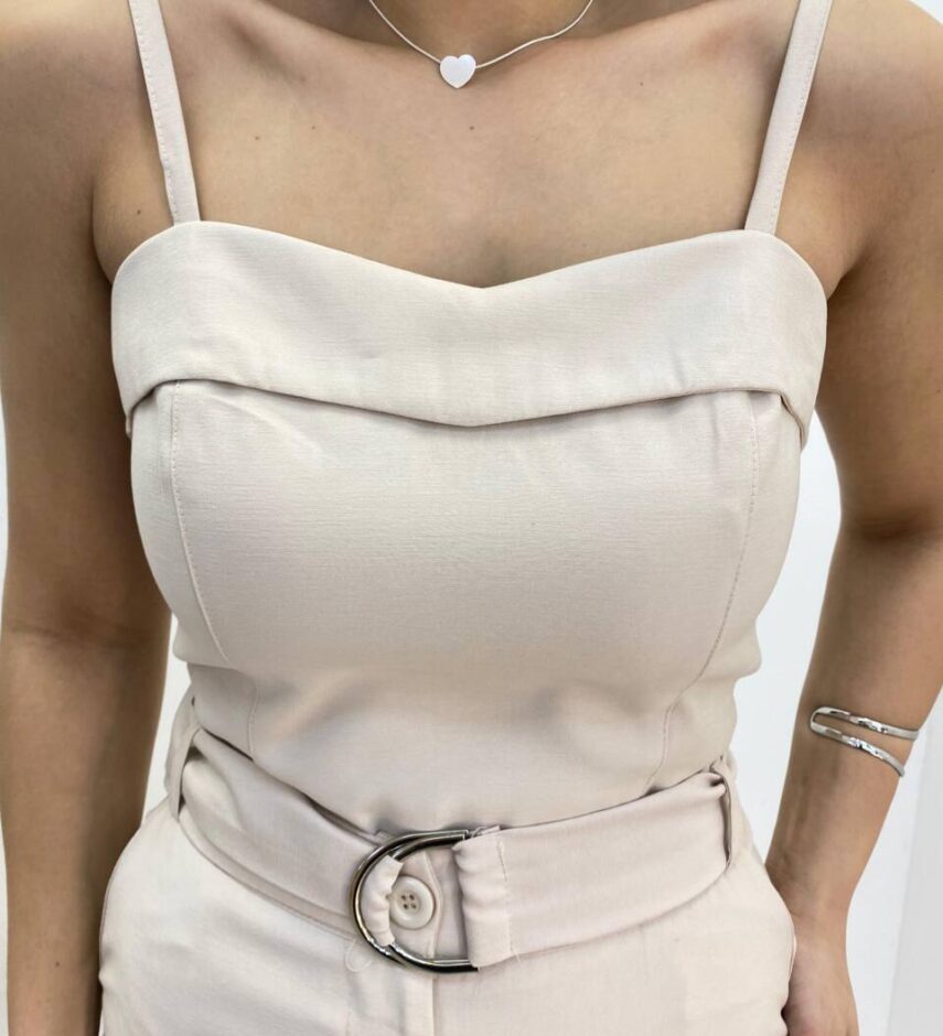 Conjunto Bella Cropped sem Bojo Alça Regulável Calça com Cinto Nude - Fernanda Ramos Store