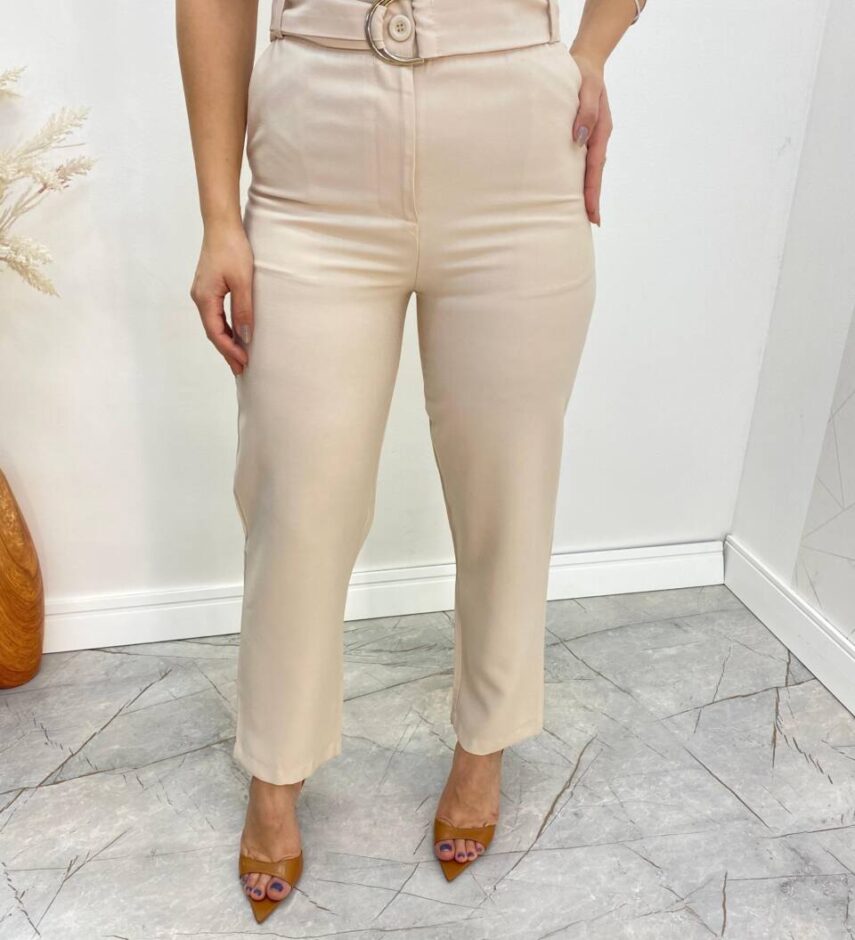 Conjunto Bella Cropped sem Bojo Alça Regulável Calça com Cinto Nude - Fernanda Ramos Store