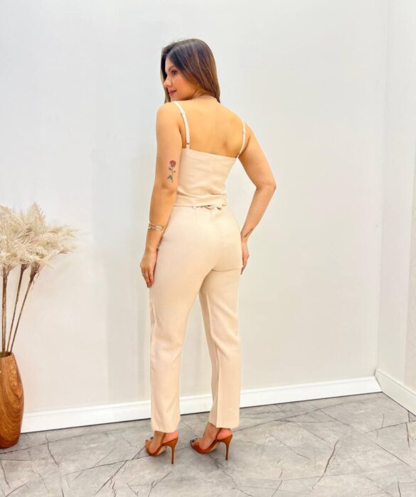 Conjunto Bella Cropped sem Bojo Alça Regulável Calça com Cinto Nude - Fernanda Ramos Store