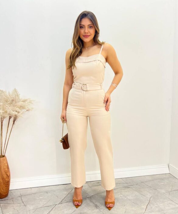 Conjunto Bella Cropped sem Bojo Alça Regulável Calça com Cinto Nude - Fernanda Ramos Store