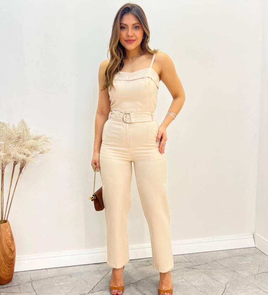 Conjunto Bella Cropped sem Bojo Alça Regulável Calça com Cinto Nude - Fernanda Ramos Store
