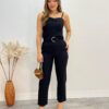 Conjunto Bella Cropped sem Bojo Alça Regulável Calça com Cinto Preto - Fernanda Ramos Store