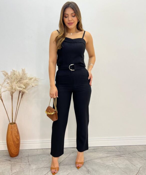 Conjunto Bella Cropped sem Bojo Alça Regulável Calça com Cinto Preto - Fernanda Ramos Store