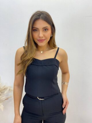 Conjunto Bella Cropped sem Bojo Alça Regulável Calça com Cinto Preto - Fernanda Ramos Store