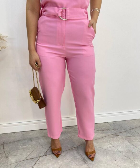 Conjunto Bella Cropped sem Bojo Alça Regulável Calça com Cinto Rosa - Fernanda Ramos Store