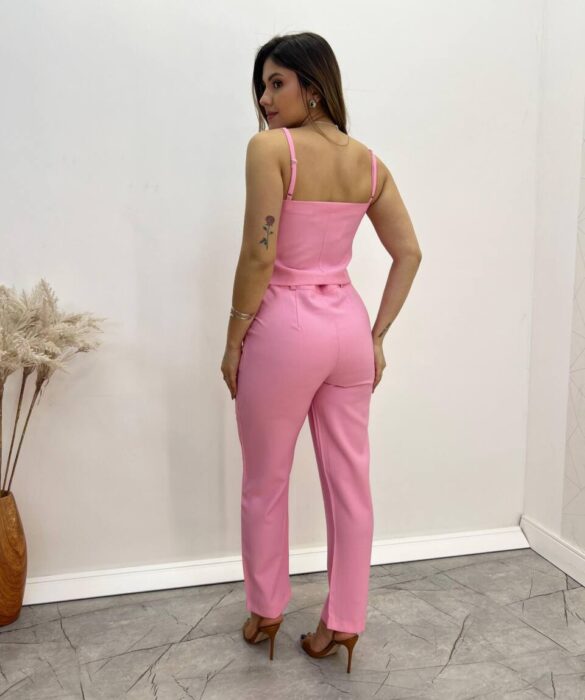 Conjunto Bella Cropped sem Bojo Alça Regulável Calça com Cinto Rosa - Fernanda Ramos Store