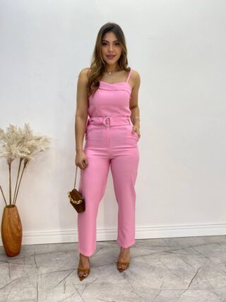 Conjunto Bella Cropped sem Bojo Alça Regulável Calça com Cinto Rosa - Fernanda Ramos Store